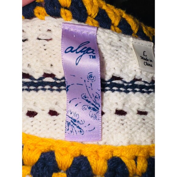 Francesca's Alya Bethenney Crochet Stitch Cream, Navy Yellow Sweater L Open Knit - Picture 6 of 9